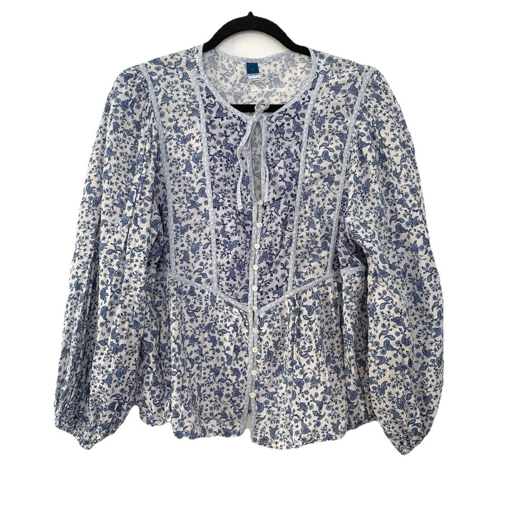 Old Navy Womens Large Shirt Boho Cottagecore Coquette Micro Floral Blue Picnic